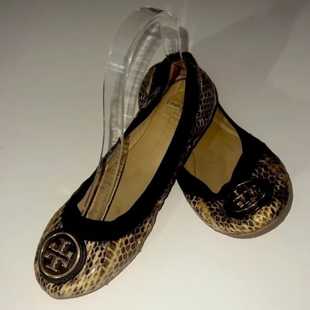 Tory Burch Caroline Snake Print Leather Elastic Logo Ballet Flats Size 6.5M